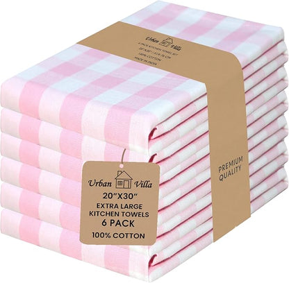 Urban Villa Kitchen Towels Set of 6 Buffalo Checks Pink/White Kitchen Towels 20X30 Inches 100% Cotton Highly Absorbent Kitchen Towels Premium Quality Ultra Soft Mitered Corners KitchenTowels