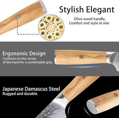 Damascus Santoku Knife 6.5 Inch Professiona Kitchen Knives VG-10 Damascus Steel Ultra-Sharp Santoku Japanese Chef Knife with Ergonomic Olive Wood Handle -Gift Box for Family & Restaurant