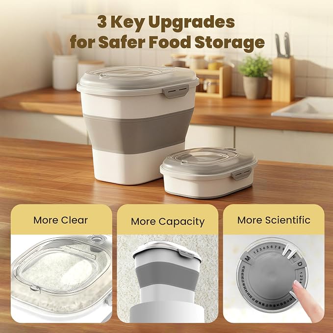 HOYTAMDAR 20-50Lbs Rice Container,Collapsible Food Storage Containers with Airtight Clear Lid,Wheels,Rice Storage Container with Small Bin and Scoop,Rice Dispenser for Dog Cat (Grey2/20-50lbs)