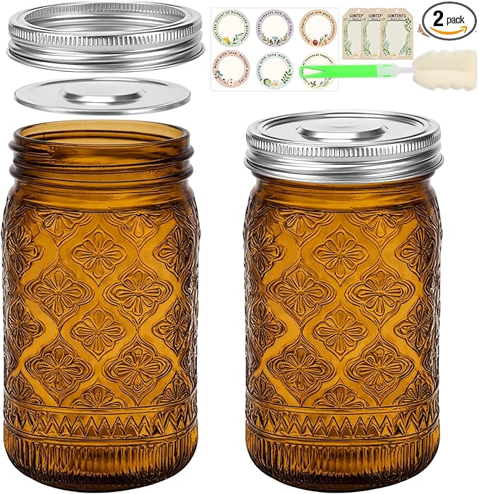 32 oz Amber Mason Jars with Stainless Steel Leakproof Lids, 2 Pack Wide Mouth Colored Glass Jars for DIY Crafts, Wedding Centerpieces, Home Decor, Flower Vase, Bathroom Storage
