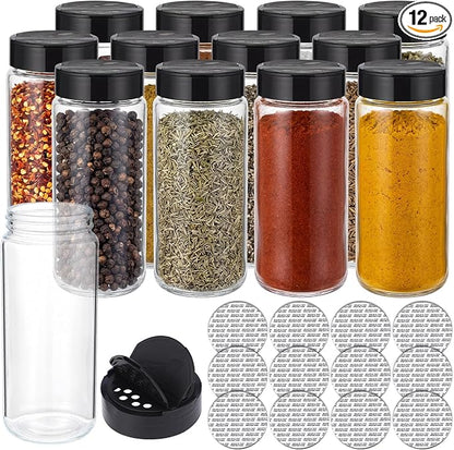 12 Pack 16 oz Glass Spice Jars with Shaker Tops Lids Large Spice Bottle with Lids for Kitchen, Herbs, Sugar, Pantry Herb Salt Pepper Storage (Round)