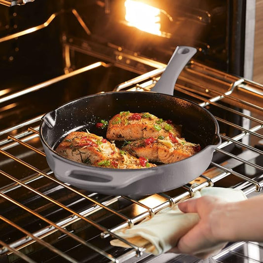 Rachael Ray NITRO Cast Iron Frying Pan/Skillet with Helper Handle and Pour Spouts, 10 Inch, Gray