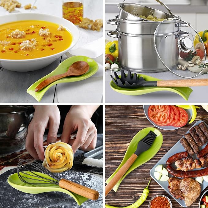 Hasense Spoon Rest for Stove Top, Large Ceramic Spoon Holder for Kitchen Counter, Cooking Utensil Rest for Spatula Ladle and Tong, Utensil Rest for Home and Coffee Bar, Housewarming Gift, Green