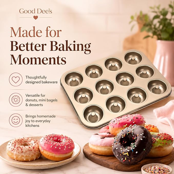 Good Dee's Nonstick Donut Pan for Baking 12 Cavity - Carbon Steel Donut Baking Pan for Muffin, Cake, Dessert & Mini Bagel | Doughnut Bakeware for Oven Baking | Mold Donut Trays Easy Clean & Non-Stick