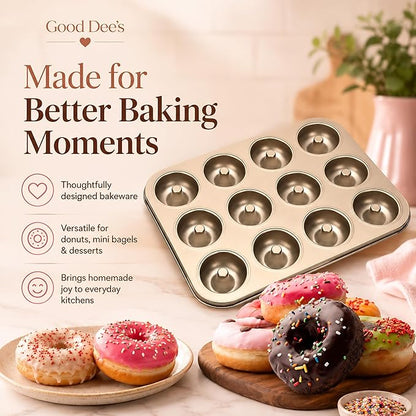 Good Dee's Nonstick Donut Pan for Baking 12 Cavity - Carbon Steel Donut Baking Pan for Muffin, Cake, Dessert & Mini Bagel | Doughnut Bakeware for Oven Baking | Mold Donut Trays Easy Clean & Non-Stick