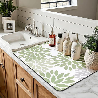 Findosom Floral Dish Drying Mat, 16" x 20" Super Absorbent & Hide Stain Coffee Mat, Cuttable Drying Mat for Kitchen Counter, Under Dish Rack, Coffee Maker, Espresso Machine, Sage Green