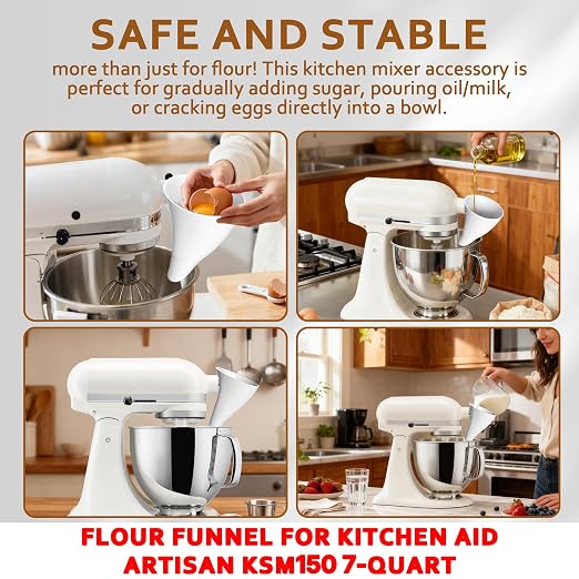 1 Pcs Flour Funnel for Kitchen Aid KSM 70 7 Quart Tilt-Head Stand Mixer, Anti-Spill Easy-Pour Plastic Powder Funnel (7QT)