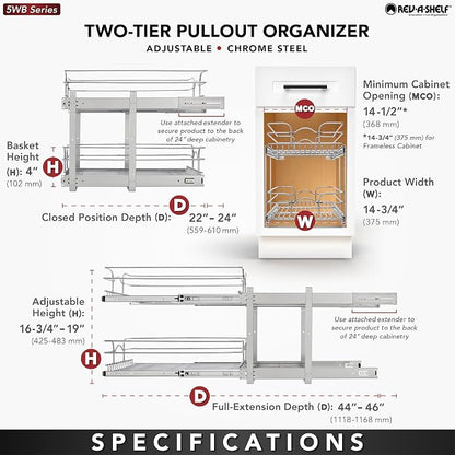 Rev-A-Shelf 2-Tier Pullout Shelf and Drawer Organizer for Kitchen Cabinets, Slide Out Storage Basket, Min Opening Width of 14.5", 15" x 22", 5WB2-1522CR-1