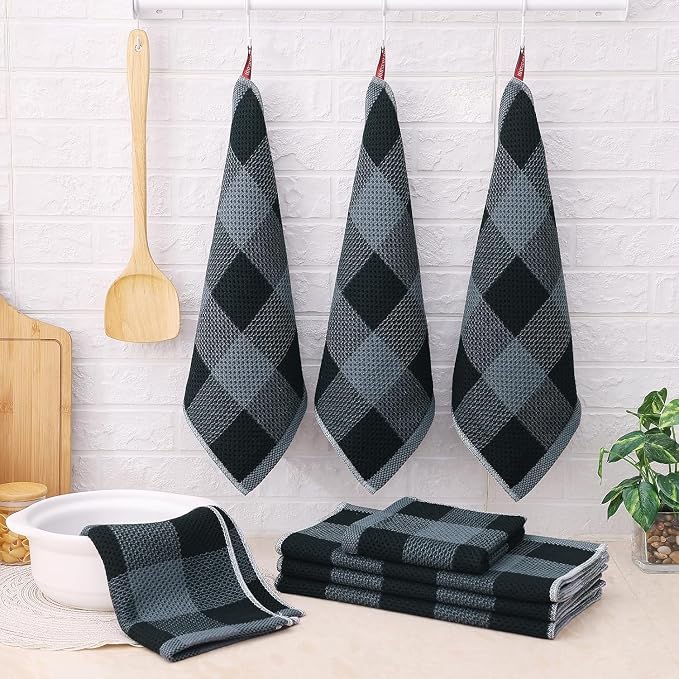 Homaxy Kitchen Towels and Dishcloths Set, 12 x 12 and 13 x 28 Inches, Set of 10 100% Cotton Waffle Weave Check Plaid Kitchen Dish Towels, Super Soft and Absorbent Dish Cloths, Black & Grey