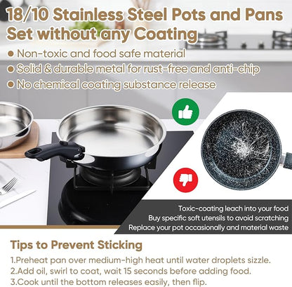 E-far 9pcs Stainless Steel Cookware Set, 3-Ply Pots and Pans Set w/Detachable Handle & Lid, Induction Cookware Kitchen Cooking Set for RV Camping, Nontoxic Whole Clad Frying/Saute/Sauce Pan, Oven Safe