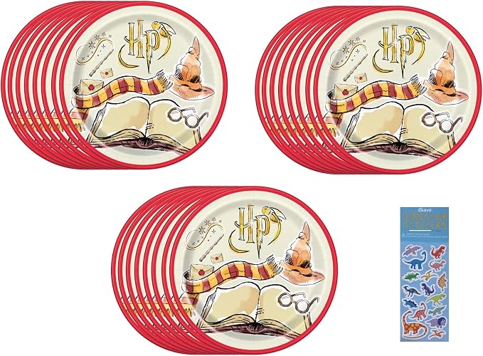 Harry Potter Party Supplies Bundle Pack includes 24 Lunch Paper Plates and 1 Dinosaur Sticker Sheet