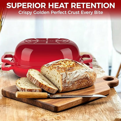 Enameled Cast Iron Bread Oven, Wildone 5.5QT Cast Iron Dutch Oven for Homemade Sourdough Bread Baking, Bread Pan with Lid & Cotton Potholders, Red