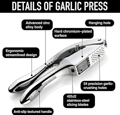 Garlic Press Stainless Steel - 3-in-1 Heavy Duty Garlic Press and Slicer, Professional Garlic Mincer Tool & Garlic Crusher with Ergonomic Handle, Dishwasher Safe Garlic Presser Set