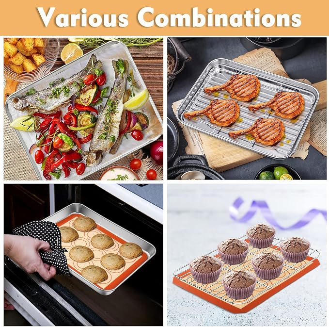 P&P CHEF 9 Inch Baking Oven Sheet Pan with Rack & Mat for Cookie, Stainless Steel Oven Sheet Tray Cooling Rack and Silicone Mat for Baking & Roasting, Dishwasher Safe & Healthy, 3Pcs
