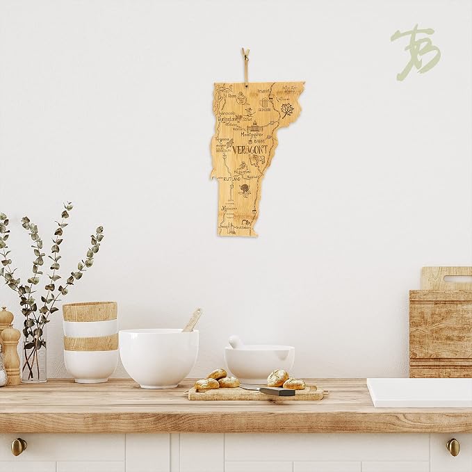 Totally Bamboo Destination Vermont State Shaped Serving and Cutting Board, Includes Hang Tie for Wall Display
