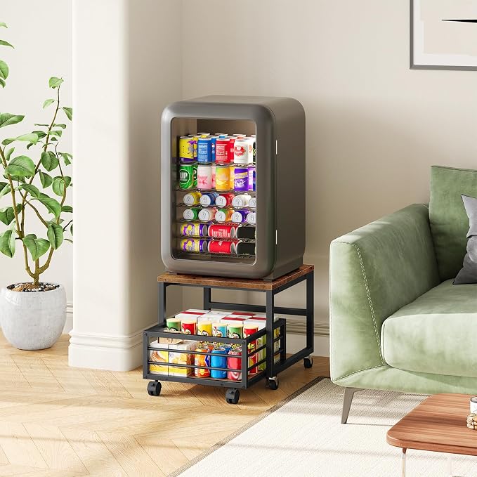 HOOBRO End Table, Mini Fridge Stand with Storage, Mini Fridge Table with Wheels and Adjustable Feet, Sturdy Metal Frame, for Living Room, Bedroom, Office, Rustic Brown and Black BF155TL01