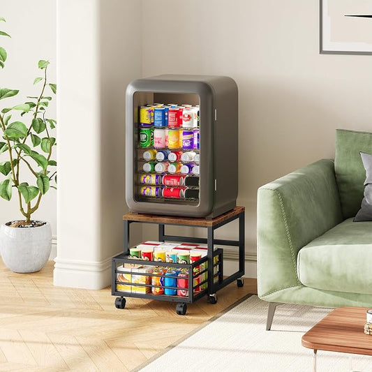 HOOBRO End Table, Mini Fridge Stand with Storage, Mini Fridge Table with Wheels and Adjustable Feet, Sturdy Metal Frame, for Living Room, Bedroom, Office, Rustic Brown and Black BF155TL01