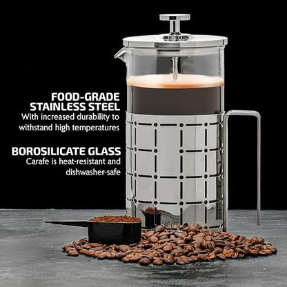 OVENTE French Press Coffee Maker 34 Ounce with Heat Resistant Borosilicate Glass, Stainless Steel Design and 4-Level Filter System, Portable Cold Brewer Pot for Travel, Camping or Gift, Silver FSS34P