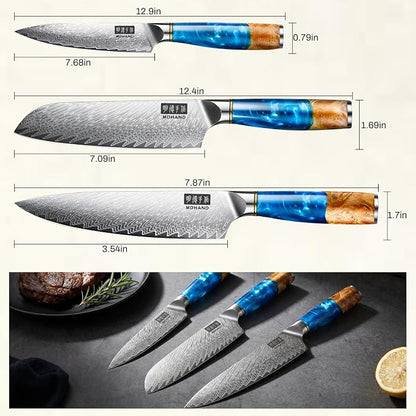MDHAND Japanese Knife Set, 3PCS Professional Chef Knife Set, VG10 Steel Kitchen Knife Set with Azure Timber Collection Handle, Ultra Sharp Kitchen Knives Set for Home Cooking, Gifts for Men Women