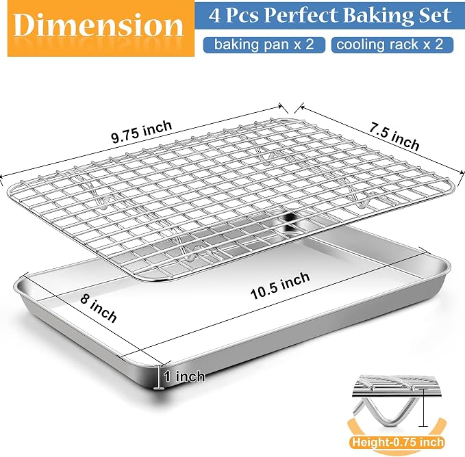 TeamFar Toaster Oven Pan with Rack Set, 10.5 x 8 x 1 Inch Stainless Steel Small Baking Pan Tray with Grid Rack for Baking Roasting Cooling, Non-Toxic & Heavy-Duty, Dishwasher Safe, (2 Pans + 2 Racks)