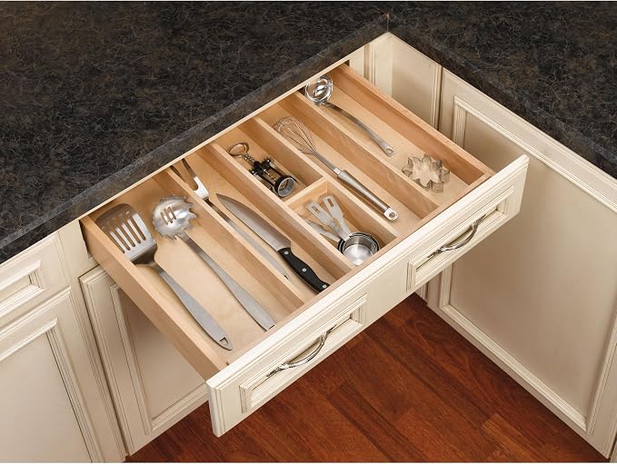 Rev-A-Shelf Trim-to-Custom-Fit Silverware Drawer Organizer For Kitchen Utensils, Cutlery Cabinet Storage Divider Insert, 23.98 x 21.97 In, Maple Wood, 4WUT-3