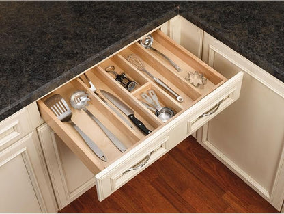 Rev-A-Shelf Trim-to-Custom-Fit Silverware Drawer Organizer For Kitchen Utensils, Cutlery Cabinet Storage Divider Insert, 23.98 x 21.97 In, Maple Wood, 4WUT-3