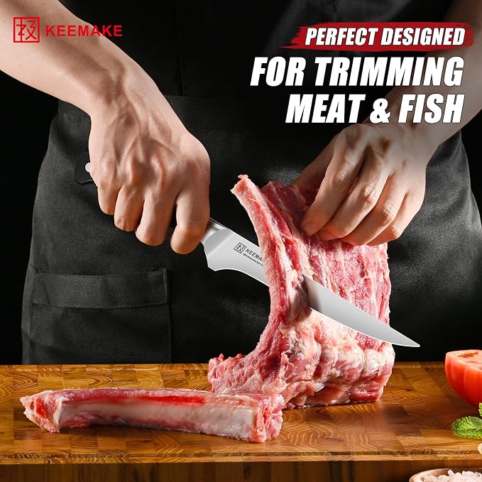 KEEMAKE Carving Knife Set with Sharpener, German High Carbon Steel, Ergonomic Full Tang Handle, Slicing & Boning Kitchen Knives for Meat Turkey BBQ and Brisket