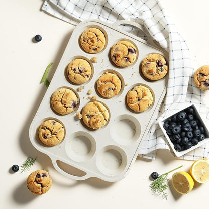 12 Cups Silicone Muffin Pan with Metal Reinforced Frame Regular Size Cupcake Pan Tray Egg Bites Silicone Circle Cookie Molds Muffin Tin Tart Pans Home Baking Supplies Stuff Necessities Cookware