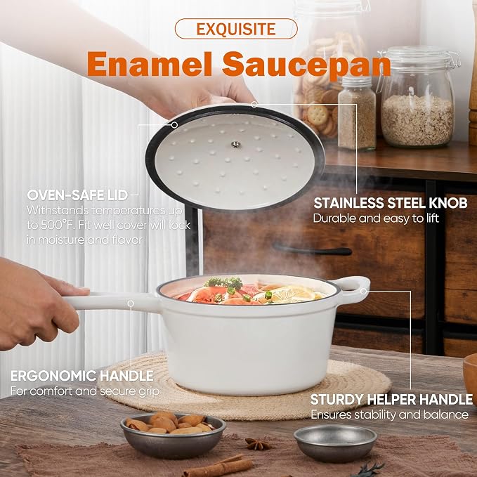 Homikit Small Cast Iron Pot, 2 Quart Enameled Cast Iron Sauce Pan with Lid, Heavy Duty Enamel Dutch Oven Kitchen Cookware for Making Pasta, Boiling Soup, Warming Milk, Nonstick & Oven Safe, White