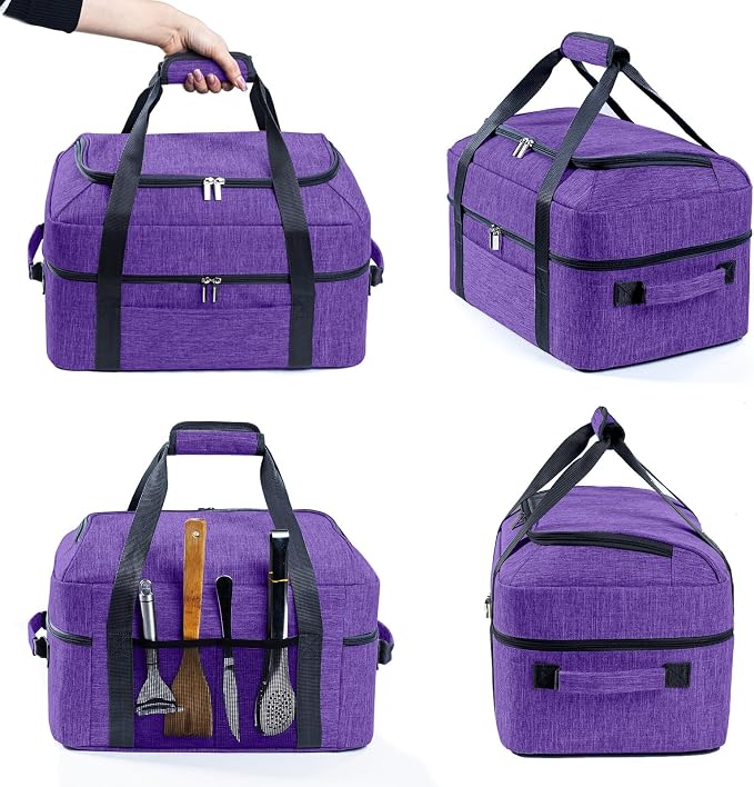 BAGSPRITE Double-Layer Slow Cooker Carrying Bag for 6-8 Quart CrockPot and Hamilton Beach Slow Cooker, Travel Bag with Lid Fastener for Crock-pot, Portable Carrier Case Slow Cooker Bag, Purple