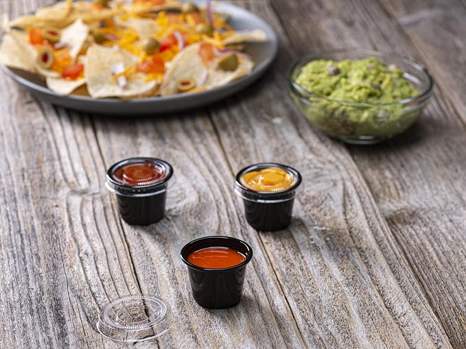 {1 oz - 100 Sets} Black Diposable Plastic Portion Cups With Lids, Small Mini Containers For Portion Controll, Jello Shots, Meal Prep, Sauce Cups, Slime, Condiments, Medicine, Dressings, Crafts, Disposable Souffle Cups & Much more