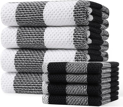 Homaxy Kitchen Towels and Dishcloths Set, 12 x 12 and 20 x 28 Inches, Set of 8 100% Cotton Waffle Weave Check Plaid Kitchen Dish Towels, Super Soft and Absorbent Dish Cloths, White & Black