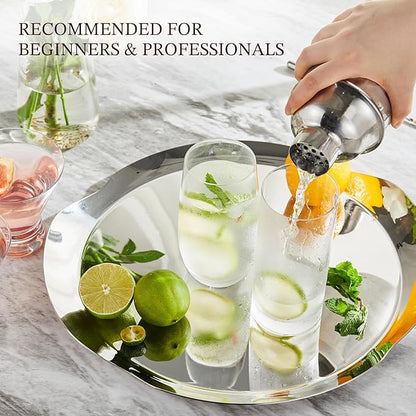 Cocktail Shaker, KITESSENSU 24oz Drink Shaker with Bartender Strainer, Measuring Jigger, Bar Mixing Spoon, Cocktail Recipe Guide, Professional Drink Mixer Set for Beginners, Silver