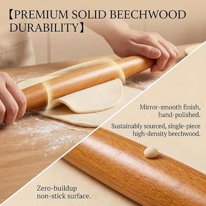16-inch French Rolling Pin for Baking - Professional Solid Beechwood Dough Roller for Pizza, Pastry & Cookie Crust - Tapered Wooden Rolling Pins for Precision Control