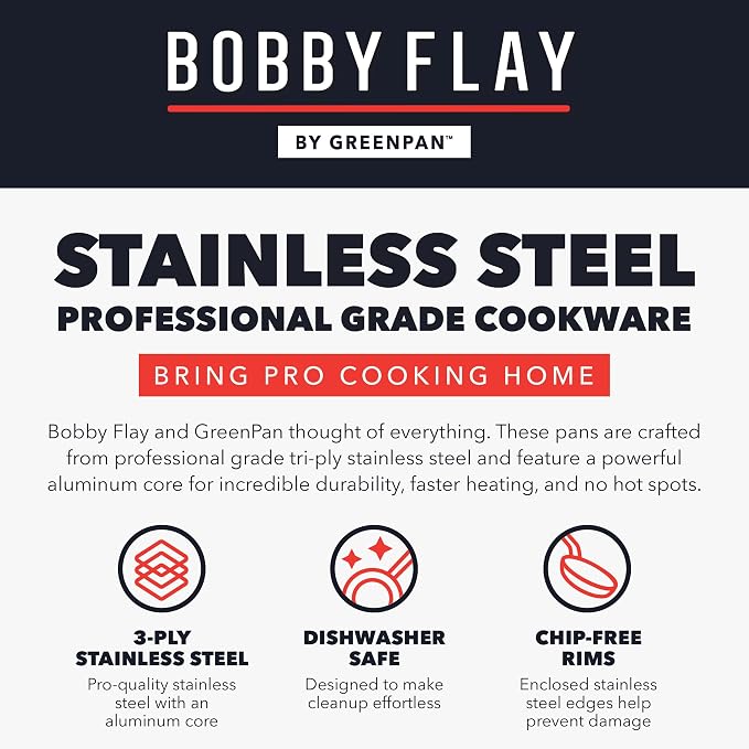GreenPan x Bobby Flay Stainless Steel 12 Piece Cookware Pots & Pans Set, Professional Grade Tri-Ply, Multiclad, PFAS-Free Ceramic Nonstick, Induction Suitable, Dishwasher & Oven Safe,Stay Cool Handles
