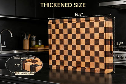 THETCHRY Cutting Boards for Kitchen, Checkered Cutting Board Thickened, Walnut & Rubber Wood Chopping Board with Juice Groove & Handle, Double-sided Butcher Block with Gift Box, 16.5" x 11.6" x 1.2"