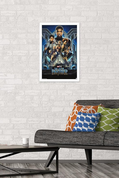 Trends International Marvel Cinematic Universe - Black Panther - Group One Sheet Wall Poster, 14.725" x 22.375", White Framed Version