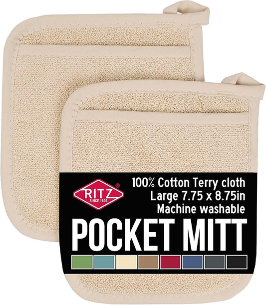 RITZ Terry Pocket Mitt & Hot Pad: Unparalleled Heat Resistant, Durable 100% Cotton – Ergonomically Designed for Optimal Grip – Easy-Care Machine Washable – 2-Pack, Latte