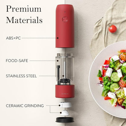 Ultrean Pepper Grinder, Rechargeable Salt and Pepper Grinder with 6 Adjustable Coarseness, LED Light, Automatic Salt and Pepper Shakers, Cooking Gifts Valentines Day Gifts for Women, Crimson Red