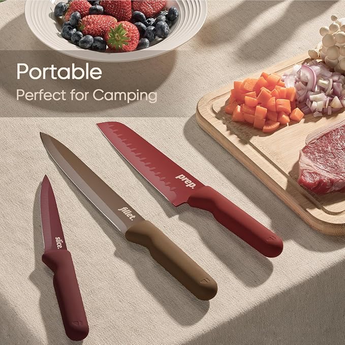 CAROTE Knife Set, 13 Pcs Kitchen Knife Set with Letter, 6 Stainless Steel Knives with Nonstick Ceramic Surface & Blade Guards, Kitchen Shears, Dishwasher Safe, Ergonomic Handles