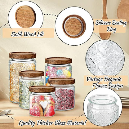 Gerrii Clear 5 Pcs Vintage Glass Food Storage Containers 17/24/34 oz Glass Jar with Lid Airtight Candy Food Canisters for Kitchen Counter Pantry Coffee Beans (Begonia,Sunflower,Window Grilles Round)