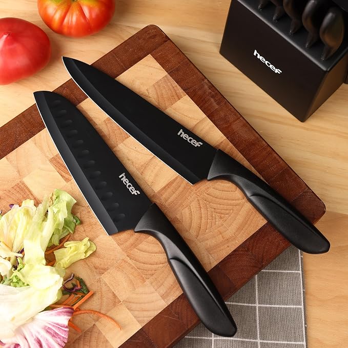 hecef 15PCS Black Knife Block Set with Built-in Sharpener – Non-Stick Coating Blades & Ergonomic Handle for Effortless Cutting & Slicing