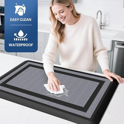 KitchenClouds [2 PCS] Kitchen Rugs Cushioned Anti-Fatigue Kitchen Mats for Floor Waterproof Kitchen Rug Set Non-Slip Comfort Standing Mat for Office, Sink, Laundry 17.3"×29"+17.3"×47",Black