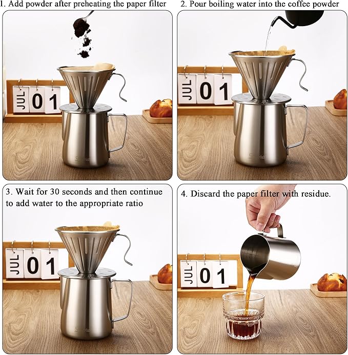 Lalord Pour Over Coffee Maker, 304 Stainless Steel wIth 100 pcs Size 02 Paper Filters (Coffee Dripper)