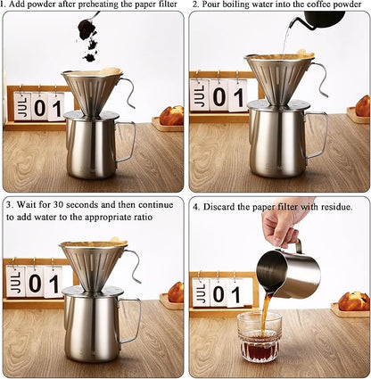 Lalord Pour Over Coffee Maker, 304 Stainless Steel wIth 100 pcs Size 02 Paper Filters (Coffee Dripper)