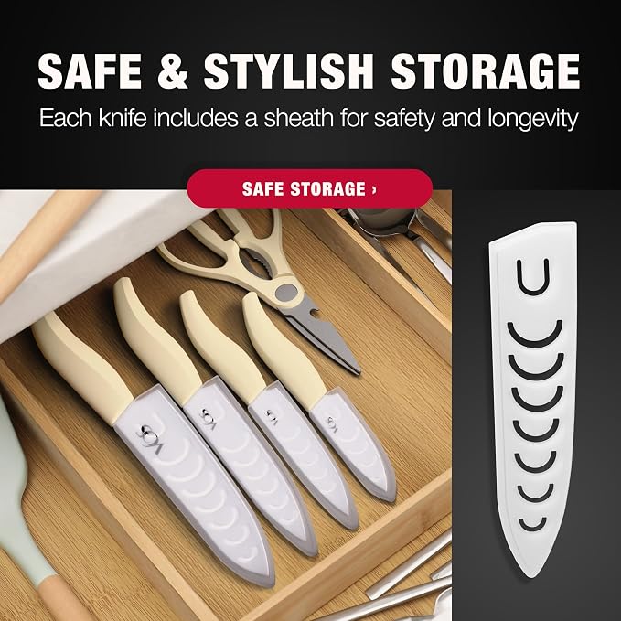 Vos ceramic knives set for kitchen in gift box, 5 ceramic knife with cover with scissors, 3" 4" 5" 6" ultra sharp knives for home cooks, lightweight, rust-free, dishwasher safe (Off-white handle)