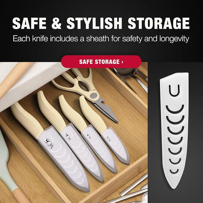 Vos ceramic knives set for kitchen in gift box, 5 ceramic knife with cover with scissors, 3" 4" 5" 6" ultra sharp knives for home cooks, lightweight, rust-free, dishwasher safe (Off-white handle)