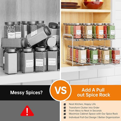 Pull Out Spice Rack Organizer for Cabinet, 2 Tier Individual Slide Drawer, Chrome Cabinet Spice Organizer, Fits 4oz Spice Jars(Max Diameter 2.0in), Height Adjustable Spice Rack,2 Installation Methods