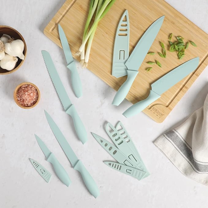 Gibson Home Bostonville 12 Piece Kitchen Knives Set W/Blade Guards/Sheaths, Chef Knife Sets With Nonstick Blades - Blue