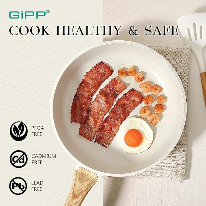 GiPP Nonstick Frying Pan Skillet - 11" White Granite Non Stick Pans, Omelette Pan with Heat-Resistant Handle, Compatible with All Stovetops, PFOA Free